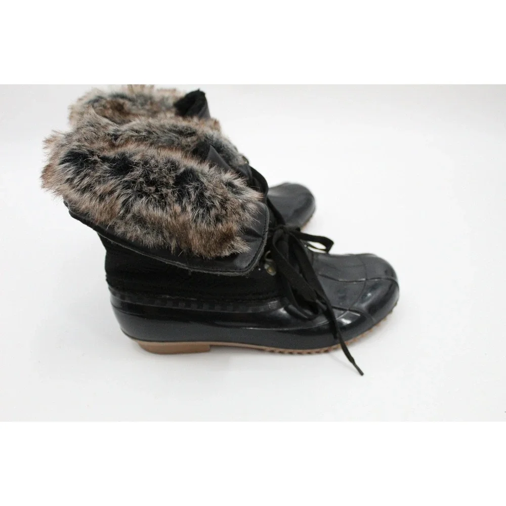 JustFab Ghita Black Duck Boots Faux Fur Trim Lace Up Winter Snow Boots SZ 9 FLAW
